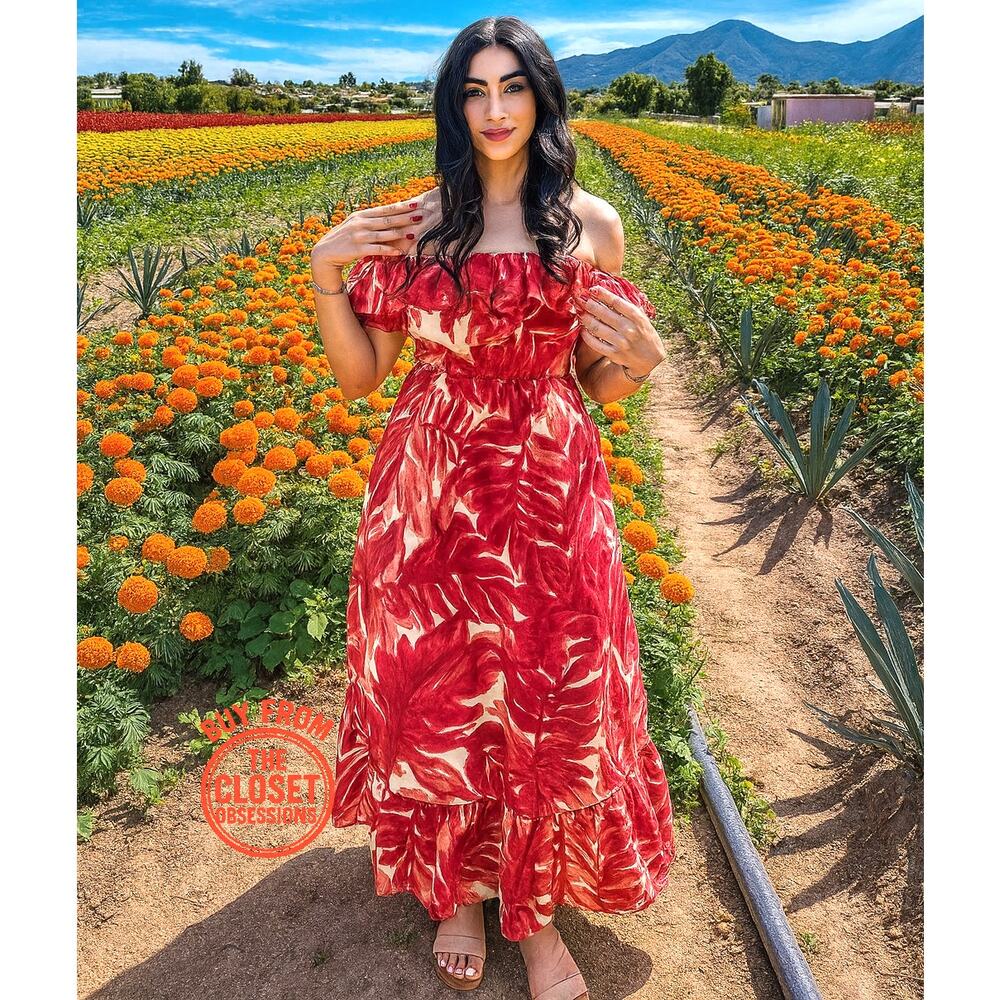 Zara NWT Red Floral Ruffle Cotton Maxi Dress S